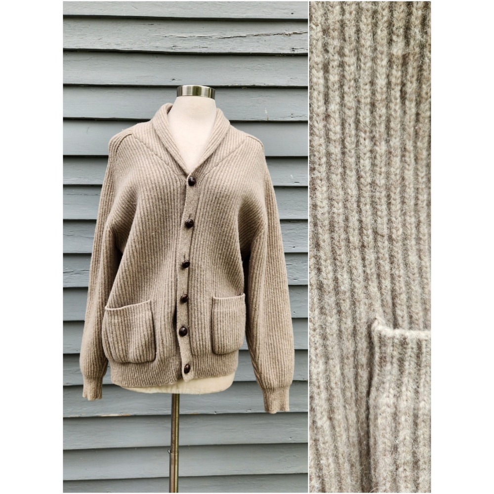 Vintage Lands End Cardigan Tan Lambswool Shawl Collar Elbow Patches Size M 38-40